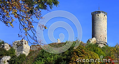 Ruins and tower of medieval XIV century Cracow Bishops Castle in town of Ilza, Poland Editorial Stock Photo