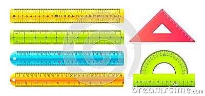 Ruler. Cartoon measuring tools with metric and inch marks, plastic geometry centimeter tape. Vector isolated set of Vector Illustration