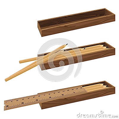 Ruler, pencil and box on a diorama view. Wooden object box set. Vector Illustration