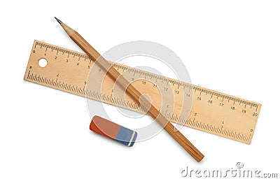 Ruler, pencil and eraser Stock Photo