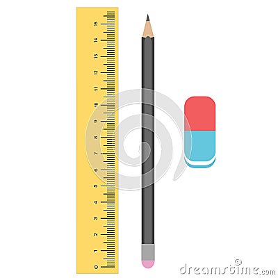 Ruler, pencil and eraser. Tools for drawing. Vector Illustration