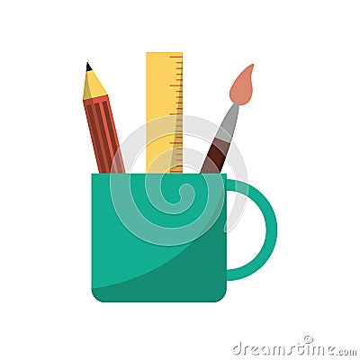 Ruler pencil and paint brush inside mug design Cartoon Illustration