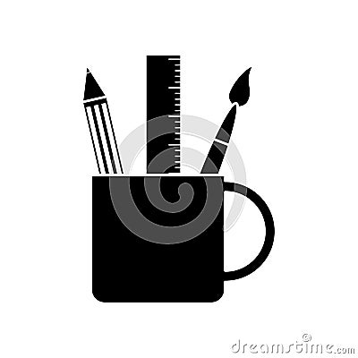Ruler pencil and paint brush inside mug design Cartoon Illustration