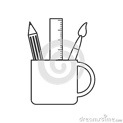 Ruler pencil and paint brush inside mug design Cartoon Illustration