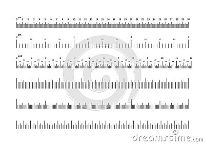 Ruler scale. Inch and cm measuring scales. Horizontal calibration precision size units for rulers and indicators. Vector Vector Illustration