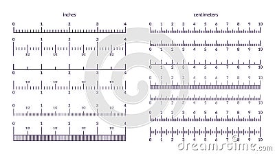 Ruler scale. Measuring metrics and inch indicators, precision line graphic with centimeter marks. Vector isolated set of Vector Illustration