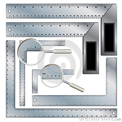 Ruler set on white background. Protractor Ruler set. Steel rafter and carpenter square isolated on white background. Obje Vector Illustration