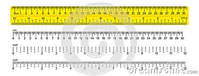 The ruler is yellow, marked in centimeters, inches and combined rectangular shapes. Graduation inch line. Vector graphics Vector Illustration