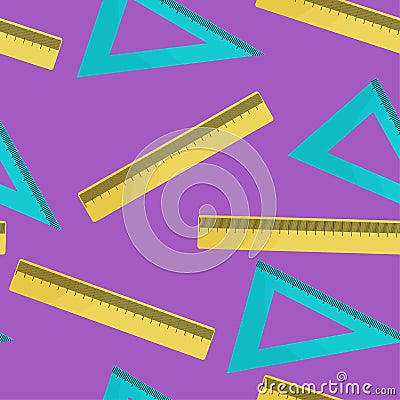 Seamless pattern with colored rulers, triangular with divisions. Divisions for printing. School and office supplies on Vector Illustration
