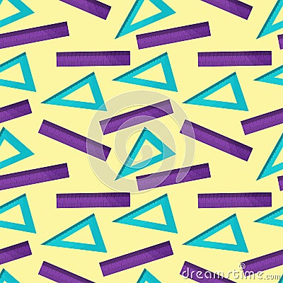 Seamless pattern with colored rulers, triangular with divisions. Divisions for printing. School and office supplies on Vector Illustration