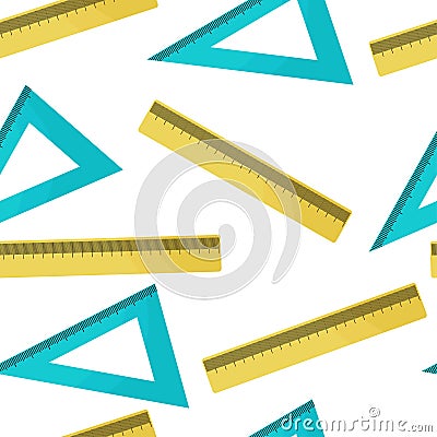 Seamless pattern with colored rulers, triangular with divisions. Divisions for printing. School and office supplies on Vector Illustration