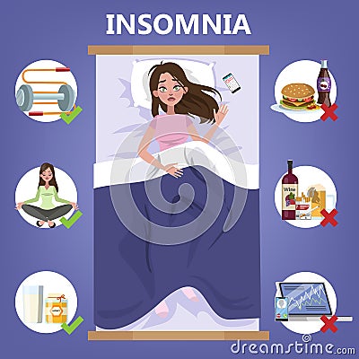 Rules of healthy sleep. Bedtime routine for good sleep Vector Illustration