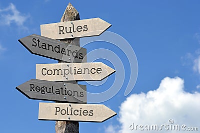 Rules, standards, compliance, regulations, policies - wooden signpost with five arrows Stock Photo
