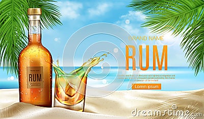 Rum bottle and glass with ice stand on sandy beach Vector Illustration