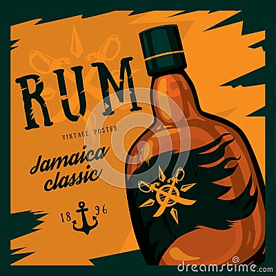 Rum bottle with swords on compass and anchor Vector Illustration