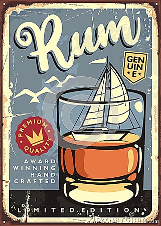 Rum sign with glass of drink and sail boat Vector Illustration