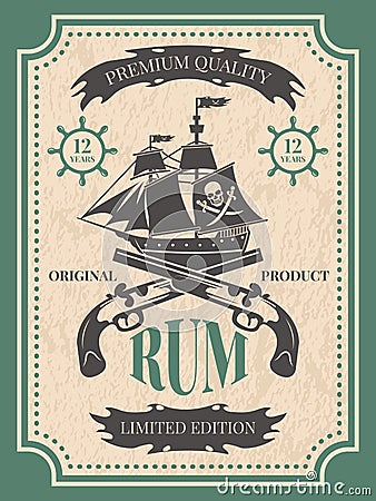 Rum. Vintage label at pirate theme Vector Illustration