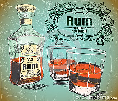 Rum was pour in two glasses with bottle on shabby background Vector Illustration