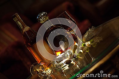 Rum and whisky bottles in a cigar bar lounge Stock Photo