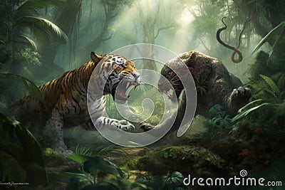 Rumble in the jungle two beasts fighting created with generative AI technology Stock Photo