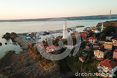 Rumeli Feneri, the Rumelian Lighthouse at Garipce Village. Situated at the Black Sea entrance to the Bosphorus, Garipce is one of Stock Photo