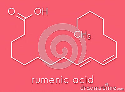 Rumenic acid bovinic acid, conjugated linoleic acid, CLA fatty acid molecule. Skeletal formula. Stock Photo