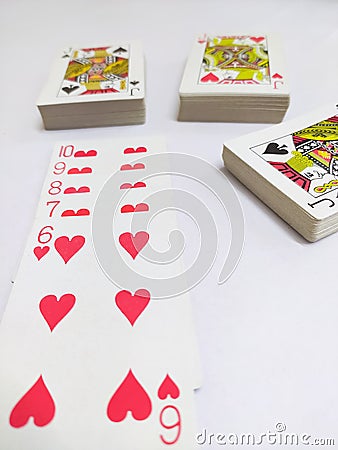 Rummy poker card games cards gambling joker king queen love spade clover diamond Stock Photo