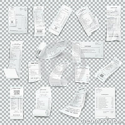 Rumpled realistic receipt set. Paper receipts with payment, Vector Illustration