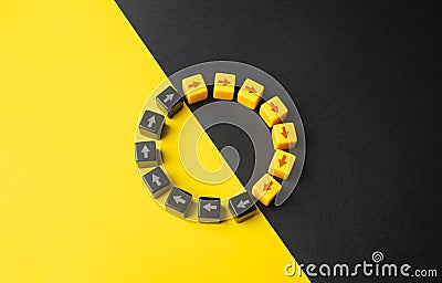 Run in circles back to the starting point. Activity and passivity. Working time and rest time. Biorhythms. Harmonious integration Stock Photo