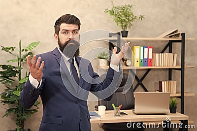 Run a company. Man bearded top manager boss in office. Business career. Start own business. Business man formal suit Stock Photo