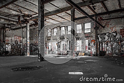 Run down loft room - abandoned warehouse / factory Stock Photo