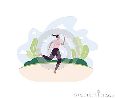 Run exercise workout concept. Vector flat illustration. Young mixed ethnic female runner in sport training outfit on nature Vector Illustration