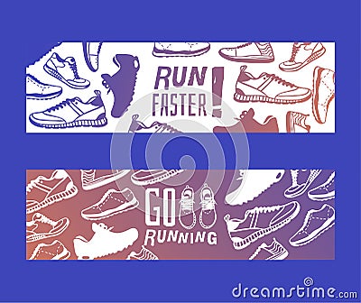 Run faster lettering banner running shoes vector sneakers or trainers with text signs for typography illustration Vector Illustration