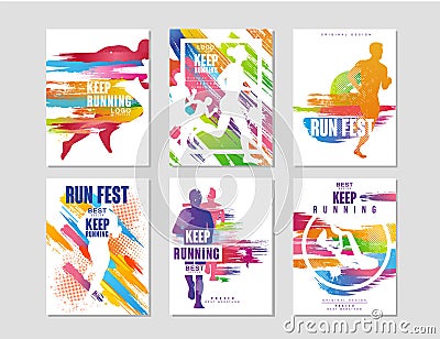 Run fest posters set, sport and competition concept, running marathon, colorful design element for card, banner, print Vector Illustration