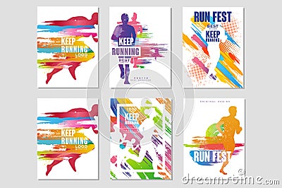 Run fest posters set, sport and competition concept, running marathon, colorful design element for card, banner, print Vector Illustration