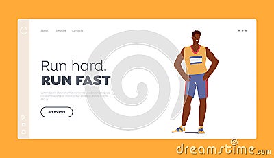 Run Hard, Run Fast Landing Page Template. Basketball Player Wear Uniform, African Sportsman Male Character Posing Vector Illustration