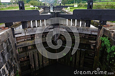 Lock gates on the Leeds Liverpool canal. Stock Photo