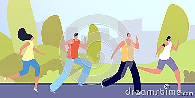 Run in park. Active people crowd, flat man woman running on nature. Outdoor sport exercise, young friends morning Vector Illustration