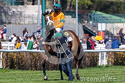 Madrid, Spain- March 21, 2021: Horse racing at the Zarzuela racecourse in Madrid Editorial Stock Photo