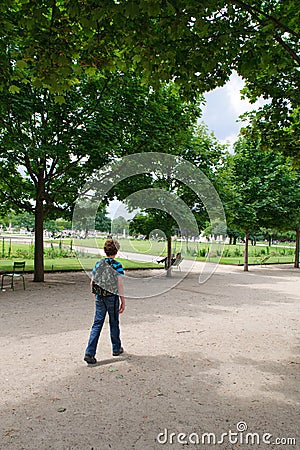 Runaway lonely kid in city Stock Photo