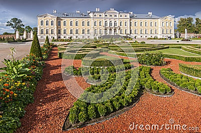 Rundale palace, former summer residence of Latvian nobility with a beautiful gardens around Stock Photo