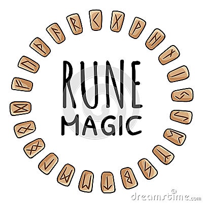 Rune magic. Runic wreath of celtic symbols. Set of wooden runes in a circle composition. Collection of hand drawn doodles of Vector Illustration