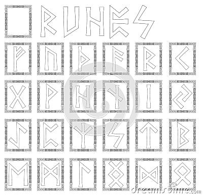 Runes. Alphabet in the form of symbols with ornaments in the Celtic style. Stock Photo