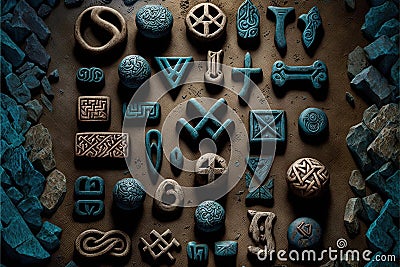 Runes, An ancient Germanic alphabet that is used for divination and magic. Mystic still life with stone runes. AI generative Stock Photo