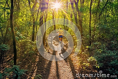 Runner athlete running on forest trail. generative AI Stock Photo