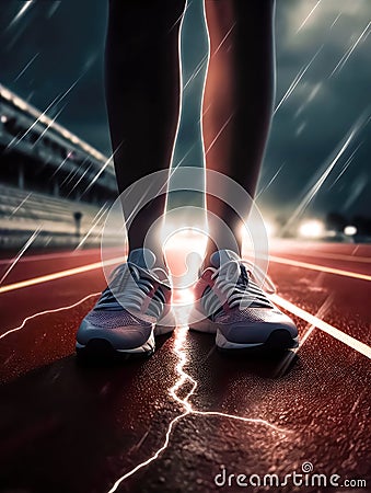 Runner foot on running track with Spark electric lightning on the ground. Stock Photo