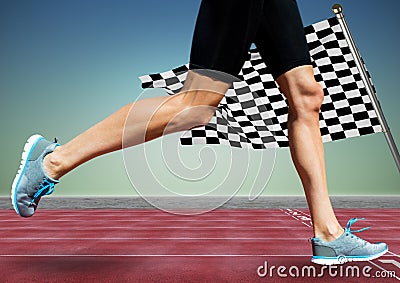 Runner legs on track against blue green background and checkered flag Stock Photo