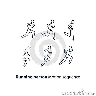 Runner logo, running person line icon, motion sequence set, marathon and triathlon concept Vector Illustration