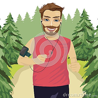 Runner man jogging in park with smartphone armband listening to music playlist on mobile phone app Vector Illustration