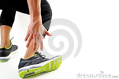 Runner sportsman holding ankle in pain with Broken twisted joint Stock Photo